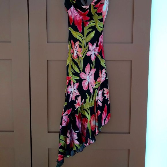 Dresses & Skirts - Beaded Silk Bias-Cut Halter-Tie Dress, Size 4, Large Flower Print